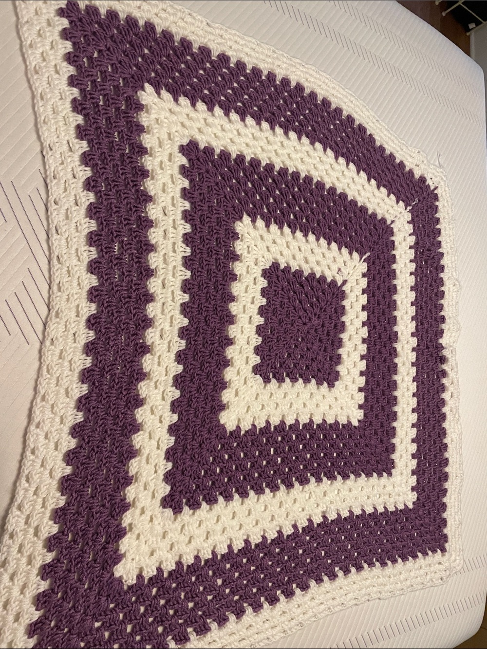 39” Handmade Crochet granny Square Blanket in Purple and Cream